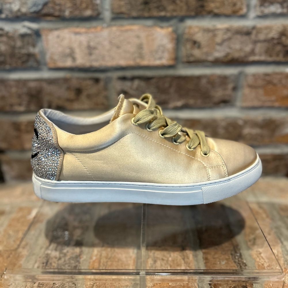 Lola Cruz Wink Gold Satin Sneakers & Crystals - Picture 3 of 11